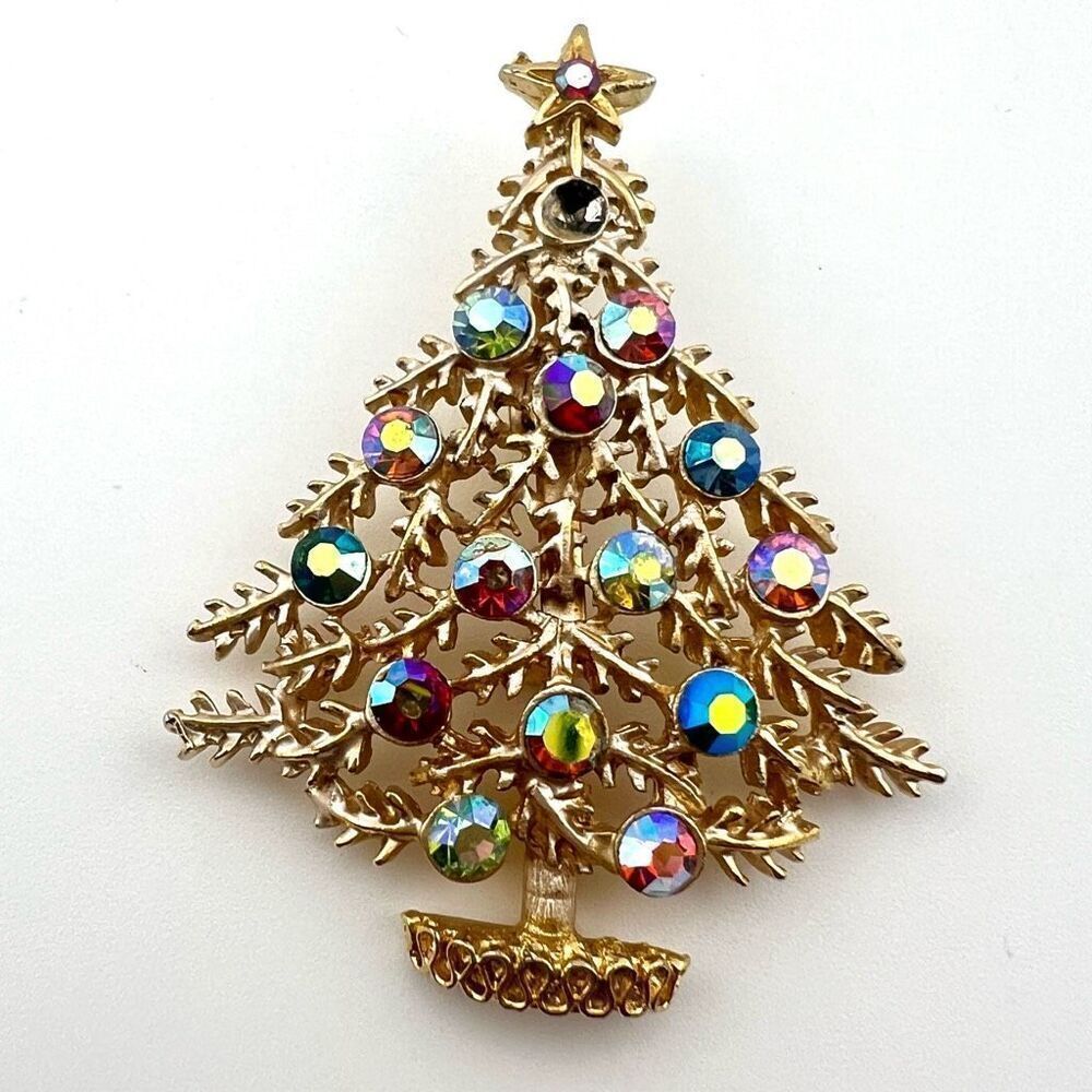 Vintage Weiss Christmas Tree Brooch Multicolored Pastel Aurora Borealis Crystals